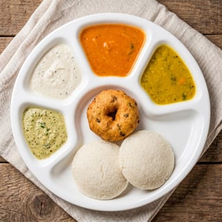 Idli with Sambar and Various Chutneys